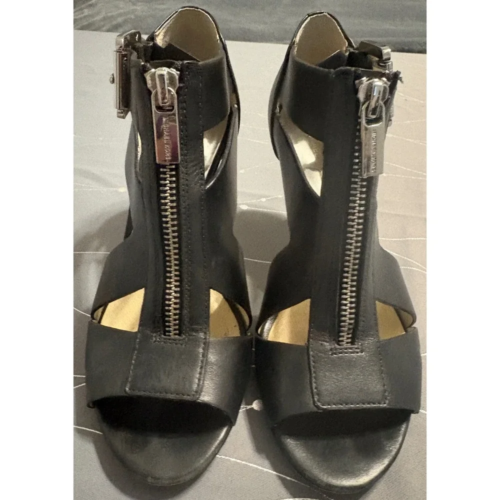 Michael Kors Black Leather Zipper Cage Heels Sandals PW14J Womens 6.5M